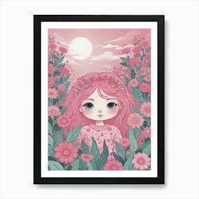 Pink Girl In Flowers Art Print