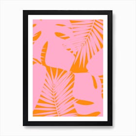 Tropical Monstera and Palm Leaves Pink and Orange Art Print