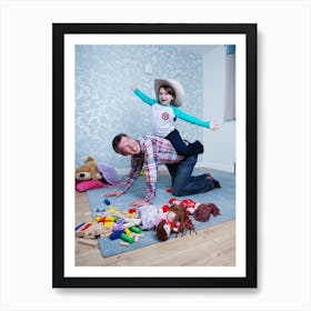Girl Riding On Father S Back Art Print