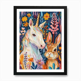 Floral Unicorn With Bunny Art Print