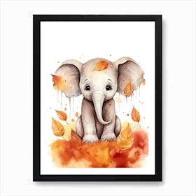 An Elephant Watercolour In Autumn Colours 1 Art Print