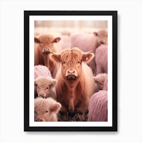 Highland Cow With Calves Pink Photography Art Print