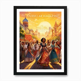 A Multicultural Parade Illustrative Poster Style Showcasing Various Ethnic Groups Dressed In Tradi (1) Art Print