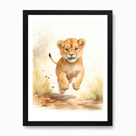 Running Watercolour Lion Art Painting 3 Art Print