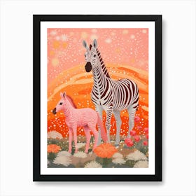 Zebra Mother & Calf Pink & Orange 3 Art Print