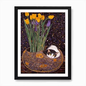 Crocus With A Cat 3 Art Nouveau Klimt Style Art Print