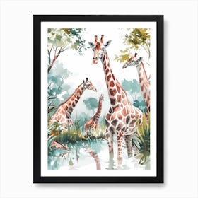 Giraffes Looking Into The Watering Hole 1 Art Print