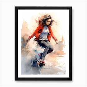 Girl Skateboarding In Cape Town, South Africa Watercolour 1 Art Print