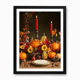 Autumn Harvest Table Centerpiece Overflowing With Gourds And Pumpkins Surrounded By Red And Gold C (3) Art Print