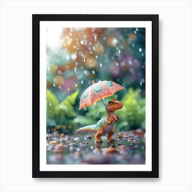 Toy Dinosaur Walking Through The Rain With An Umbrella 2 Art Print