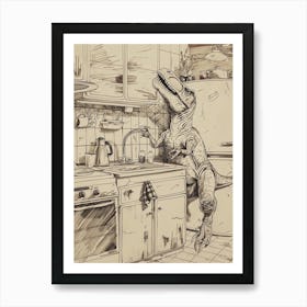 Dinosaur In The Kitchen Sepia Sketch Art Print