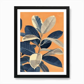 Blue Leaves On Orange Background Art Print