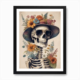 Vintage Floral Skeleton With Hat And Sunglasses (81) Art Print