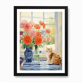 Cat With Ranunculus Flowers Watercolor Mothers Day Valentines 2 Art Print