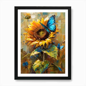 Sunflower With Blue Butterfly Art Print