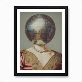 DiscoHead Queen, Disco Ball Maximalist Portrait Of Baroque Woman Art Print