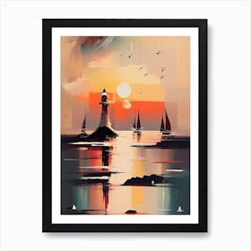 Port with Lighthouse And Sailing Boats During The Sunset - Abstract Minimal Boho Beach Art Print