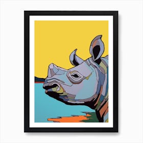 Geometric Blue & Yellow Portrait Of A Rhino 2 Art Print