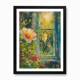 Hibiscus Flowers On A Cottage Window 1 Art Print