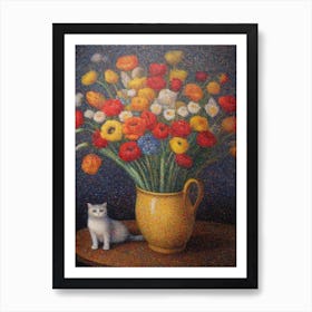 Lisianthus With A Cat 3 Pointillism Style Art Print