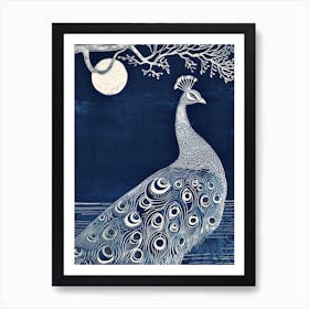 Peacock With The Moon Linocut Inspired Poster