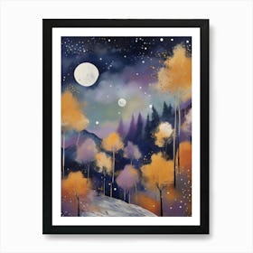 Cosmic Fall Night،
An ethereal boho painting that captures the beauty of a fall night sky. The background is a deep navy, speckled with tiny stars, while the foreground features silhouettes of autumn trees in shades of charcoal and dark olive. The moon is painted in a glowing silver, surrounded by soft wisps of mist in pale gold and lavender.
.9 Art Print