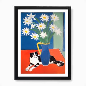 A Painting Of A Still Life Of A Daisies With A Cat In The Style Of Matisse 2 Art Print