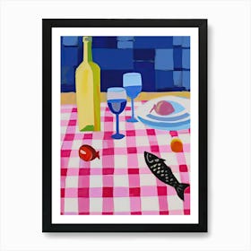 Painting Of A Table With Food And Wine, French Riviera View, Checkered Cloth, Matisse Style 4 Art Print