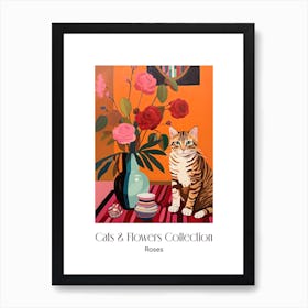 Cats & Flowers Collection Rose Flower Vase And A Cat, A Painting In The Style Of Matisse 2 Art Print