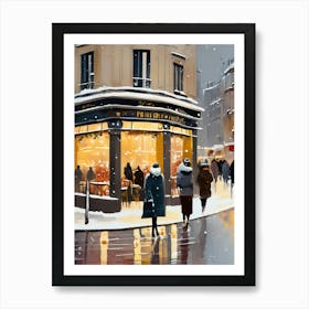 Paris cafes, winter season, Christmas, autumn oil colors, pale colors, pedestrians in the street, winter clothes, falling snow.Christmas decorations.10 Art Print