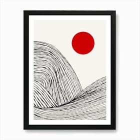 Zen Waves on Red Sun – Minimal Abstract Black & White Japandi (1/2) Art Print