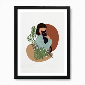 Minimal art Illustration Of A Woman Holding A Cat and plant Art Print