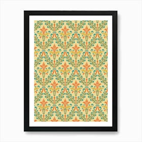 Enhanced Vintage Late Medieval Brocade Pattern Green And Orange On Light Art Print