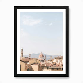 Florence, Italy I Skyline view of italian rooftops and Duomo Santa Maria del Fiore cathedral church photography with summer pastel aesthetics in sunny orange tones for living la dolce vita under the sun blue sky Art Print