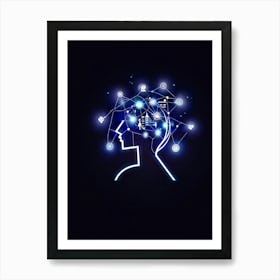 Abstract Concept Art Of A Silhouetted Head Outlined Against A Backdrop Of Light Bulbs And Gears Sym (3) Art Print