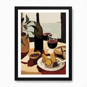 Atutumn Dinner Table With Cheese, Wine And Pears, Illustration 4 Art Print