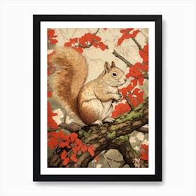 Squirrel Animal Drawing In The Style Of Ukiyo E 2 Art Print