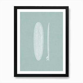 Vintage Surfboard Silhouette On Soft Green Linen Texture Art Print