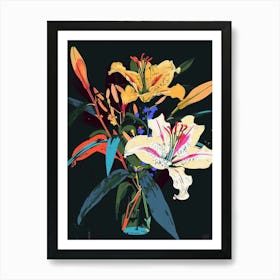 Neon Flowers On Black Bouquet 7 Art Print