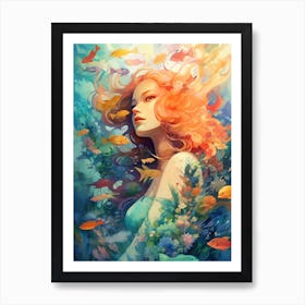 Mermaid amidst a vibrant coral reef Art Print