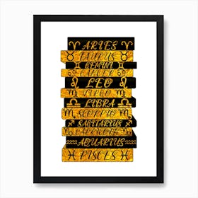 Stack Of Books With Black And Gold Zodiac Signs And Astrology Symbols Art Print Art Print