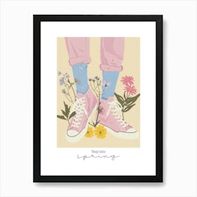 Step Into Spring Illustration Pink Sneakers And Flowers 8 Art Print