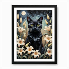 Black Cat Amongst Lilies on a Full Moon - Oil and Palette Knife Painting of A Beautiful Black Cat Sitting Among the Summer Flowers - Kitty, Cat Lady, Pagan, Feature Wall, Witch, Fairytale Tarot Bastet Midsummer Litha Colorful Painting in HD Art Print