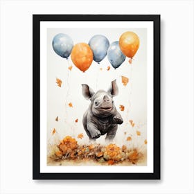 Rhino Flying With Autumn Fall Pumpkins And Balloons Watercolour Nursery 2 Art Print