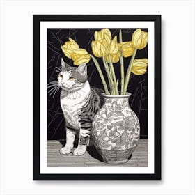 Drawing Of A Still Life Of Daffodils With A Cat 2 Art Print