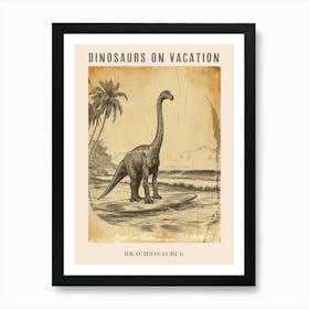 Vintage Brachiosaurus Dinosaur On A Surf Board 2 Poster Art Print
