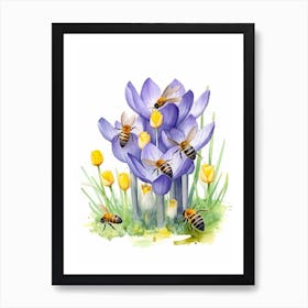 Beehive With Crocus Flower Watercolour Illustration 4 Art Print