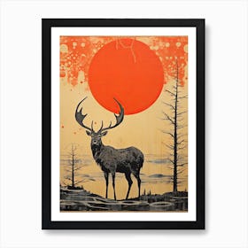 Elk, Woodblock Animal Drawing 2 Art Print