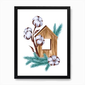 Wooden House with Cotton and Teal Pine Branches Art Print