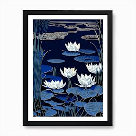 Water Lilies Waterscape Linocut 1 Art Print